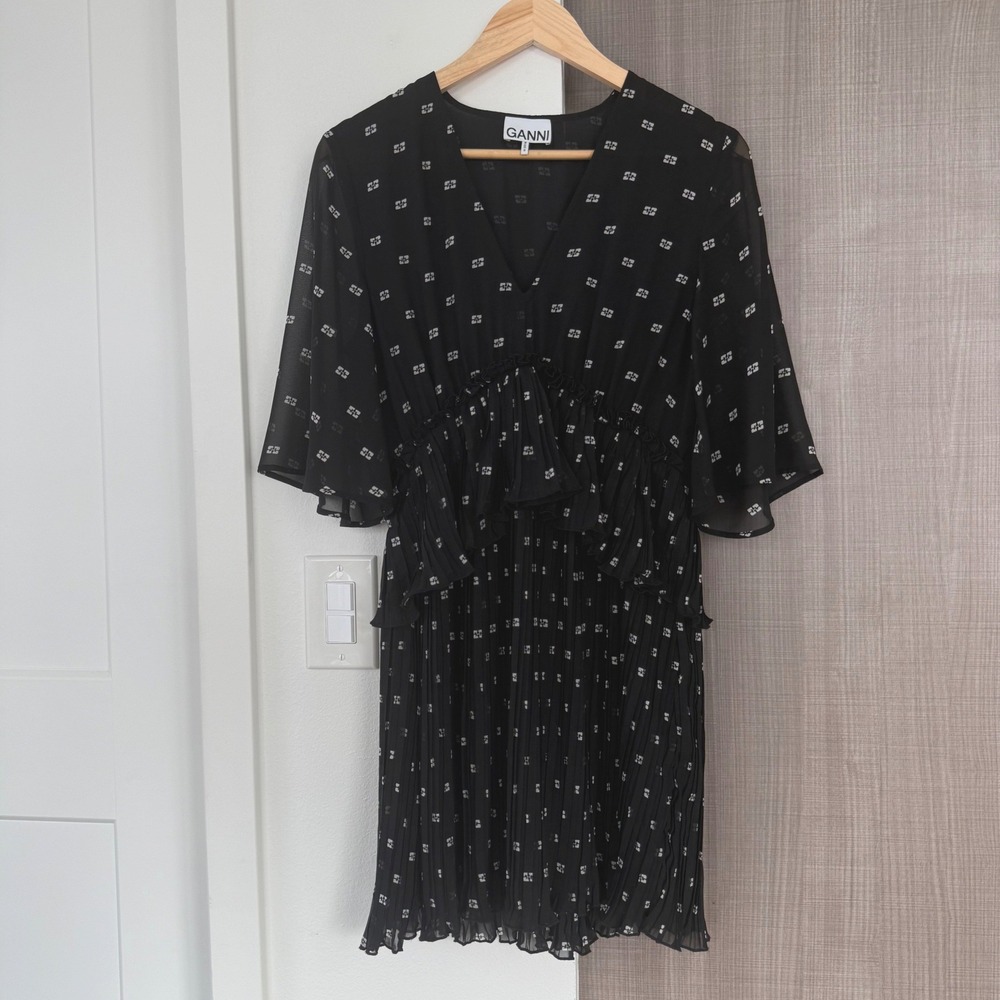 GANNI Black Pleated Georgette V Neck‎ Flounce Mini Dress Short Sleeve EU38 US6 - Picture 5 of 16